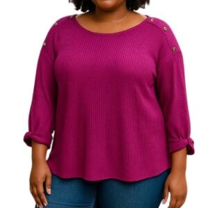 My Style Grape Purple BoatNeck Top Ribbed Button Shoulder Tab Sleeves Plus 2X